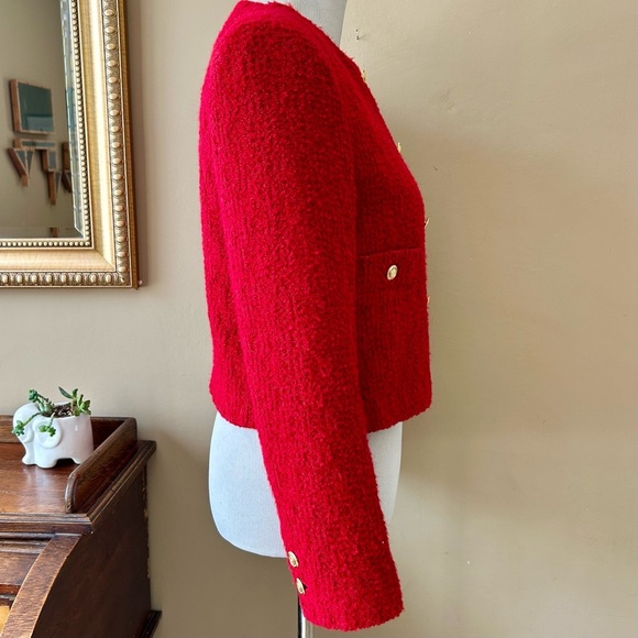 ZARA Double Breasted Blazer Lady Jacket Red Textured Tweed Boucle Size Medium - Picture 12 of 16